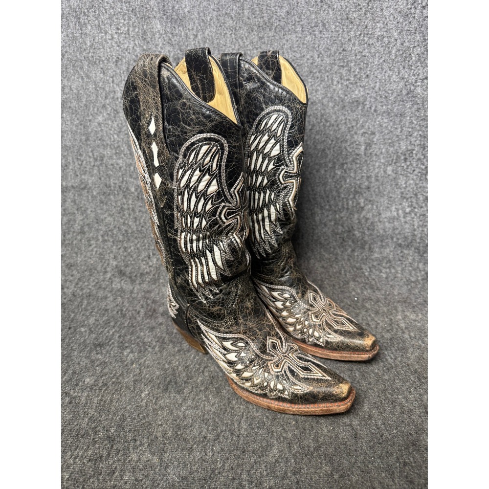 Corral Vintage Black Leather Wing Cross Inlay Cowboy Boots A1018 Womens 7